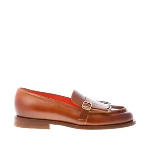 SANTONI women shoes Brown antiqued hand-polished leather loafer double fringe - Picture 1 of 8