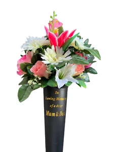 Grave Spike Vase Arrangement Artificial Silk Flower Tribute Pink Lily Rose Mix - Picture 1 of 6