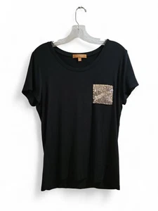 Ellen Tracy Sequined Pocket Black Knit T-Shirt Women's Medium Blouse Top Glam - Picture 1 of 5