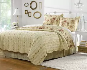 Vintage Rose Quilt 3PC Set King 100x90 100% Polyester Fiber Ecru Fabric 2 Shams - Picture 1 of 2