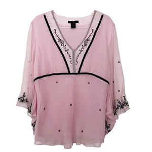 SILKLAND 2X Pink Flowy Blouse w Black Embroidery Sheer Kimono Sleeves Pullover - Picture 1 of 13