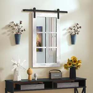 Farmhouse Sliding Barn Door Mirror - 34" X 28" Rustic Wood Window Mirror Wall De - Picture 1 of 9