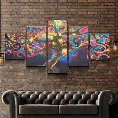 Abstract Tree of Life Colorful 5 Piece Panel Canvas Wall Art Print Photo Decor - Image 1 of 2