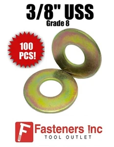 (Qty 100) 3/8" USS Flat Washers Thru-Hardened / Grade 8 Yellow Zinc - Picture 1 of 3