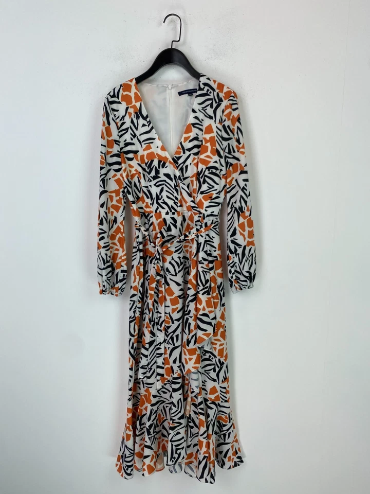Vestido French Connection Naranja Negro Estampado Imitación Envolvente Manga Larga Midi Talla 8 Foto 1 de 4