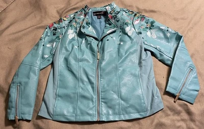 “COLLEEN LOPEZ” FAUX LEATHER JACKET WOMEN’S L large EMBROIDERED FLORAL stretch _ - Image 1 of 4