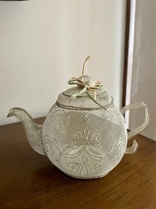 Vintage Deko Drahtgeflecht Teekanne Teebeutel Aufbewahrung Elfenbein Potpourri Unikat - Bild 1 von 12