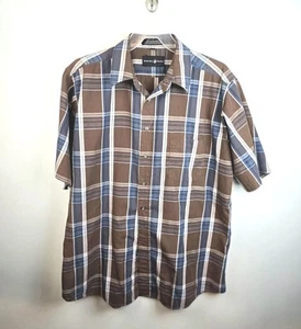 Beverly Hills Polo Club Mens 2XL Brown Blue Plaid Button-Up Shirt Short Sleeve - Picture 1 of 4