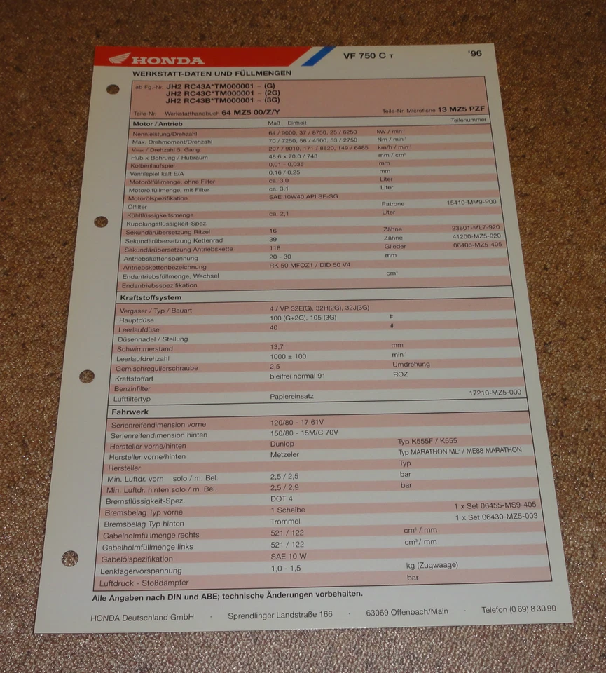 Inspektionsblatt Honda VF 750C Año 1996 - Imagen 1 de 1