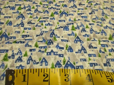 Cotton Fabric 1 Fat  Quarter Seasons Greetings Blue Silver Tiny Houses - Image 1 of 4