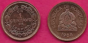 HONDURAS 1 CENTAVO 1988 UNC CLOUDS BEHIND PYRAMIDS,DENOMINATION WITHIN CIRCLE,WR - Picture 1 of 1