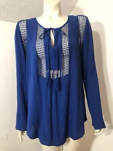 Joseph A New Womens Medium Popover Blouse Royal Blue Crocheted Lace Accents - Picture 1 of 8