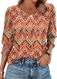 Womens 3/4 Sleeve Ladies Blouse Crew Neck Tunic Puff Sleeve T Shirts Curved Hem - Picture 1 of 65