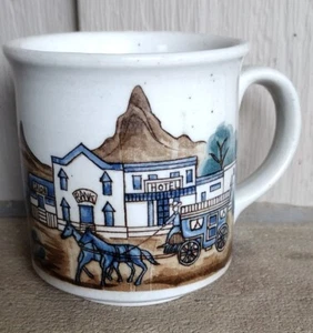 Vintage Otagiri Japan Stoneware Pottery Mug Coffee Cup Western Town Horses 8 Oz - Picture 1 of 5