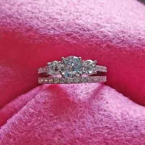 Gorgeous 14K White Gold Plated 2Ct Round Cut Moissanite Bridal Set Ring - Picture 1 of 5