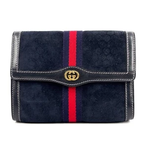 Vintage Gucci Pouch Navy Sherry Line Mini Clutch Leather Suede Authentic - Picture 1 of 24