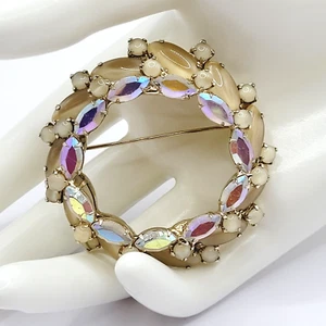 Large Layered Circle Glass Pearl Iridescent & Moonglow Taupe Navette Vtg Brooch - Picture 1 of 24