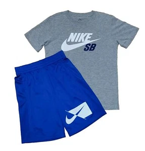 Nike Youth Medium 10-12 Blue/White Athletic Shorts & Gray Logo T-shirt Outfit - Picture 1 of 7