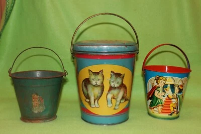 3 Stück Blecheimer, mit Deckel, Märchen Sandkasten Bravo Katzen - Bild 1 von 4