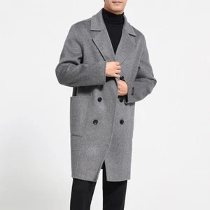 Spring Mens Lapel Collar 100% Wool Mid Long Trench Coat Overcoat Double Breasted - Picture 1 of 28