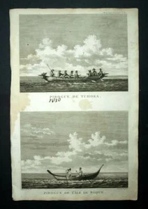 Gravure Voyage de Lapérouse l'Astrolabe 1797 ,PIROGUE DE TCHOCA et ILE DE PAQUES - Imagen 1 de 3