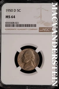 1950-D Jefferson Nickel - NGC MS 64 - Brilliant Unc  No Reserve  #SLi169 - Picture 1 of 2
