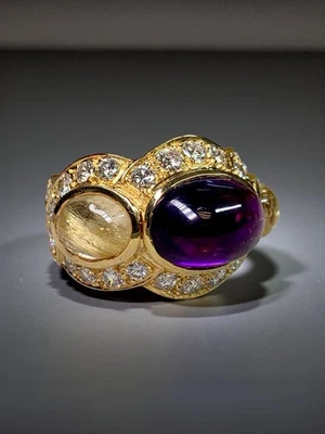 Anillo de cóctel pesado de eternidad de diamantes de cuarzo rutilado amatista cabujón 18K F Vs Foto 1 de 4