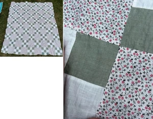 VTG Quilt TOP Nine Patch Cotton Feedsack 80"x70" Calico Green Pink Cutter - Picture 1 of 14