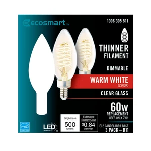 2pk Ecosmart 60W LED Light Bulb B11 Dimmable Candelabra Fine Bendy Warm White - Picture 1 of 7