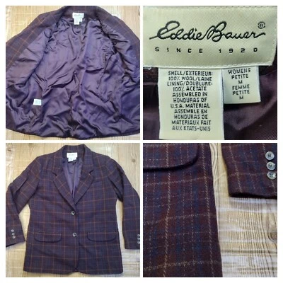 Eddie Bauer Purple Plaid Wool Blazer Womens SzPetite Medium Vintage USA Material - Image 1 of 4