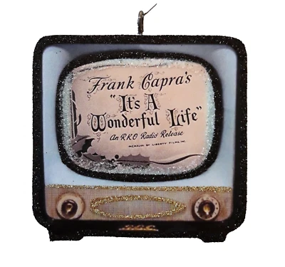 STROMBOLI'S WAGON RETRO TELEVISION - IT's A WONDERFUL LIFE * Glitter CHRISTMAS ORNAMENT * Vtg Img