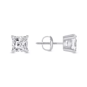 1/2 Ct Princess Lab Created Grown Diamond Earrings 14K White Gold F/VS Screw - Picture 1 of 3