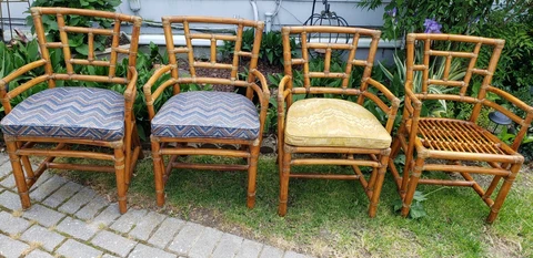 MID CENTURY SIGNED MCGUIRE SAN FRANCISCO RATTAN SET 4 COASTAL DINING ARM CHAIRS Cover