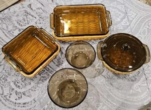 Vintage Anchor Hocking Harvest Amber Basket Buffet 9 Piece Set - Picture 1 of 8