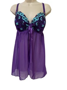 NEW Cacique 18/20 Babydoll Chemise Lingerie Purple Embroidery Sheer Underwire - Picture 1 of 7