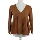 Express Chestnut Carmel Brown Pleated Babydoll Fit Blouse Small V Neck Pullover