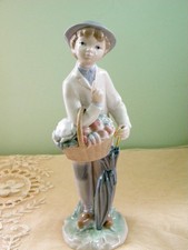 Lladro Vtg. Hand Painted Porcelain Figurine Boy Basket of Vegetables Umbrella