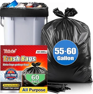 Large Black Trash Bags 55-60 Gallon 60 Counts Industrial Sturdy Garbage Bags, Ex - Picture 1 of 12