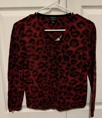 Suéter Cárdigan Talbots MP 100 % Lana Merino Estampado Guepardo Rojo Botón Frontal Crew Foto 1 de 4