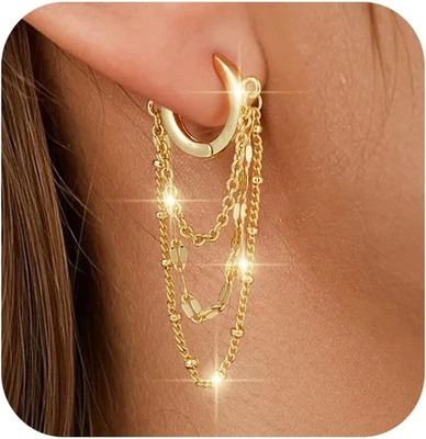 Brincos de corrente femininos modernos prata esterlina pós ouro prata corrente Huggie Da - Imagem 1 de 4