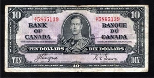 Bank of Canada King George VI $10 Dollar Banknote 1937 VERY SCARCE - Picture 1 of 2
