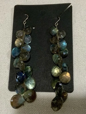 Labradorite Faceted Gemstone Earrings Dangle Drop Sterling Silver Hooks  - Image 1 of 4