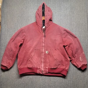 Carhartt Jacket Mens 2XL J130 CRI Crimson Red Distressed Stains Grunge Hooded - Picture 1 of 19
