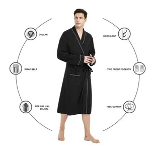 Mens 100% Cotton Robe Lightweight Knit Bathrobe with Pockets 3XL/4XL Black - Picture 1 of 6