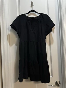 Universal Thread Black Vneck Short Sleeve  Tiered Dress Slide Pockets Large - Picture 1 of 7