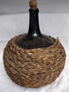 19th Century French Wine Demijohn Reed/Grass Wrapped Brown Glass 13" Tall #1 - Picture 1 of 10