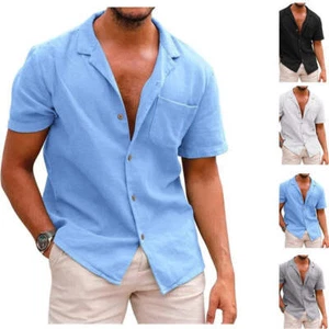 Men's Fashion Lapel Short Sleeve Linen Cardigan Top for Casual Wear Lightweight - Picture 1 of 25