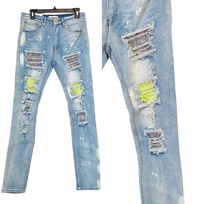 NUEVO - Pantalones de mezclilla ajustados elásticos desgastados parcheados con estrás Blind Trust Foto 1 de 4