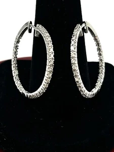 Ladies Round Diamond Inside Out Hoop Snap Earrings, 14k Solid White Gold, 1 Inch - Picture 1 of 8