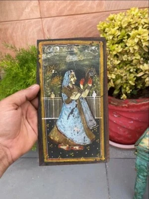 Antigua miniatura pintura a mano de reina placa de panel de madera de ambos lados de la reina Foto 1 de 4